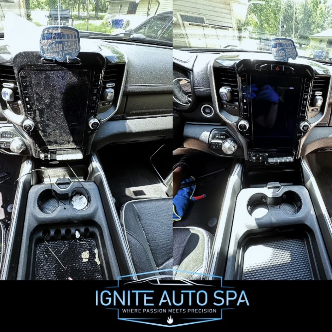 Ram dashboard and console before and after an interior detail
